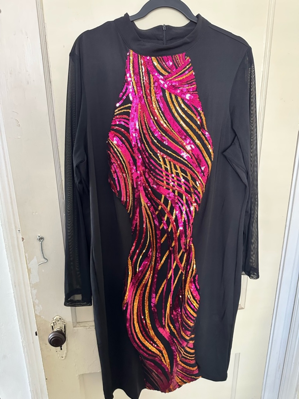 Black Long Sleeve Dress with Pink & Gold Sequin Panel
